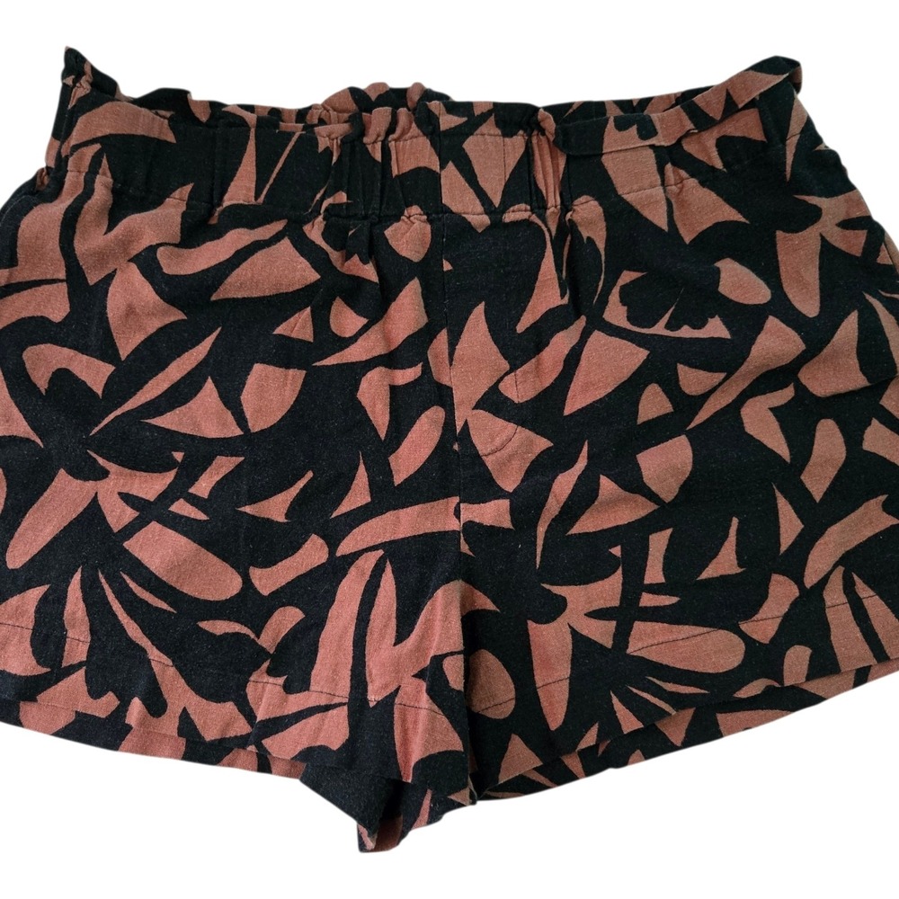 A New Day Womens Linen Blend Abstract Leaf Print Paperbag Shorts Black Pink L